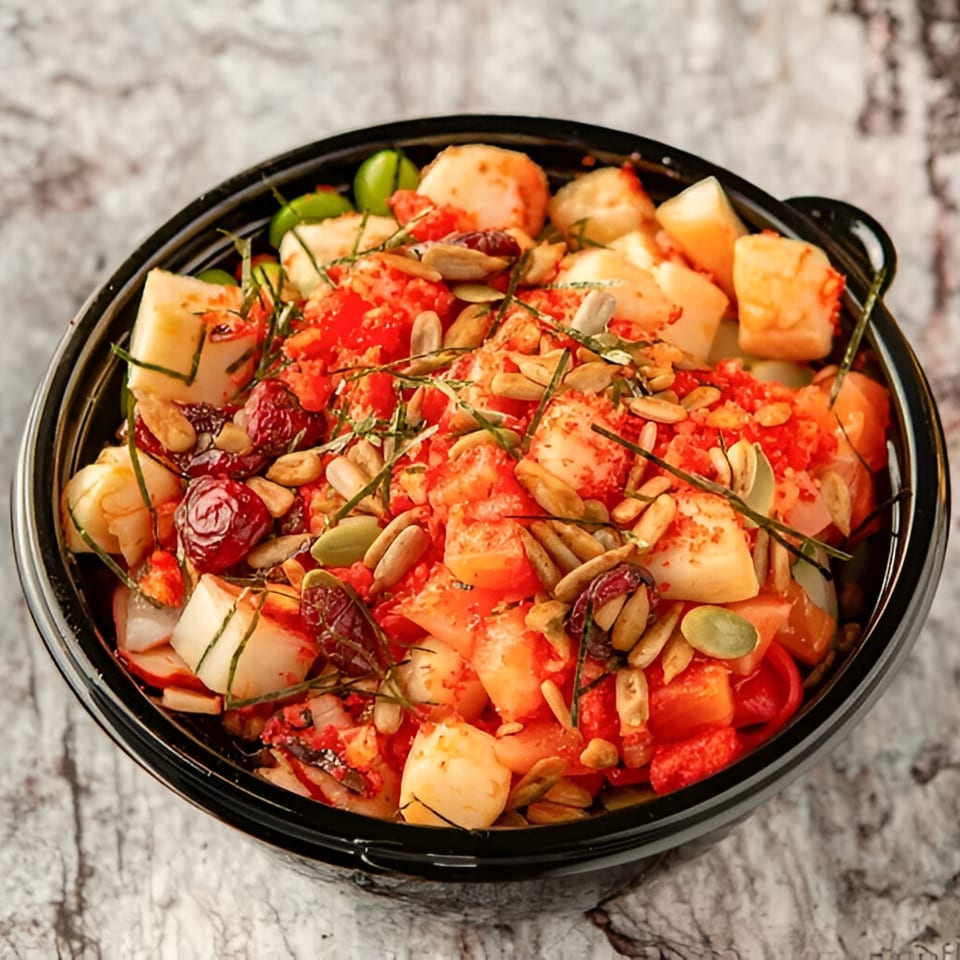 A vibrant PokeCity Hawaiian poke bowl with scallops, red roe, cranberries, and seeds.